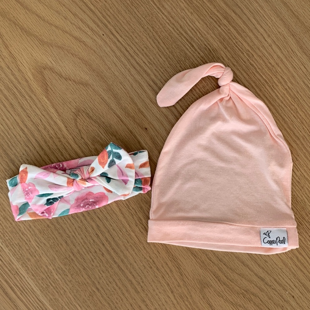 Copper Pearl baby beanie and bow